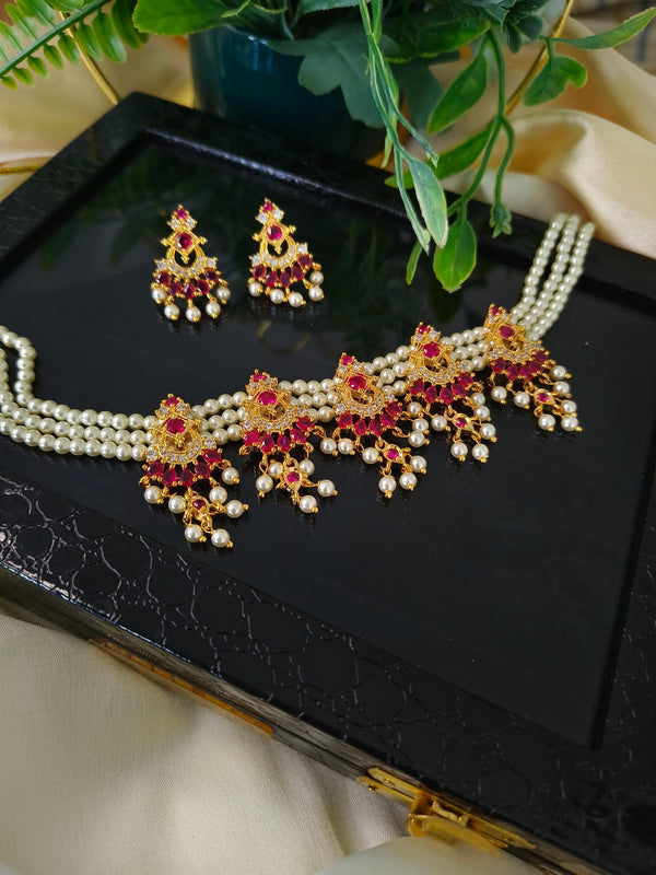 Pearl & Ruby Choker Set with Earrings