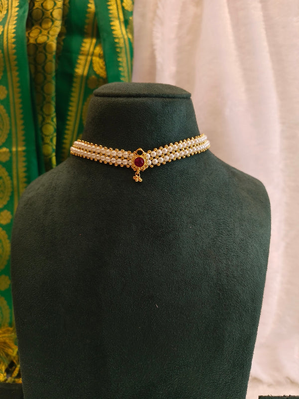 Three-Strand Pearl Ruby Choker