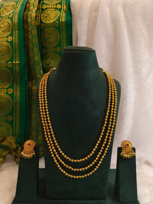 Triple-Layer Gold Bead Haar with Jhumkas