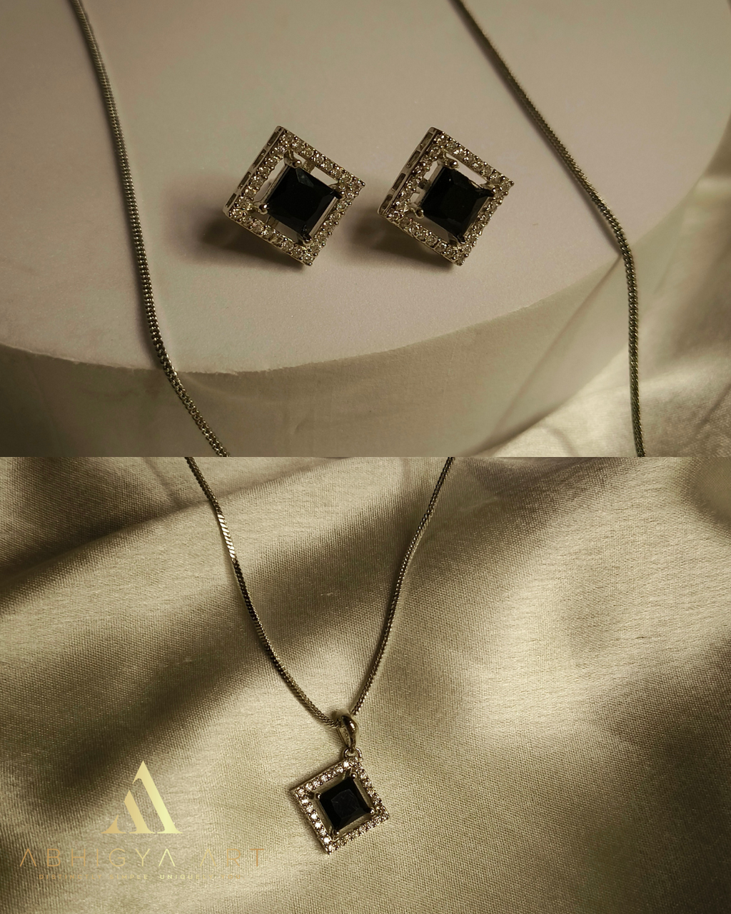 Elegant Square Stone Necklace & Stud Earrings Set